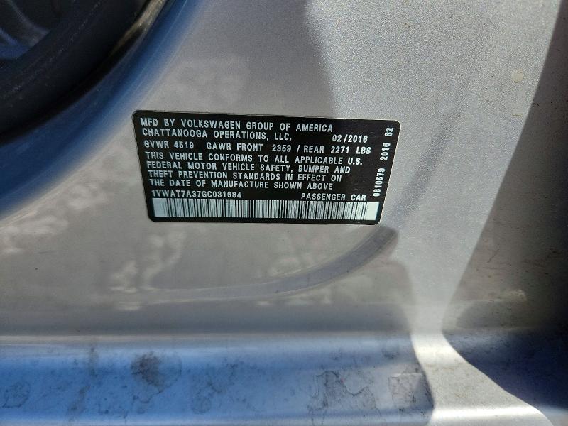 Aukcja sprzedaży 2016 Volkswagen Passat, vin: 1VWAT7A37GC031684, numer aukcji: 50225376
