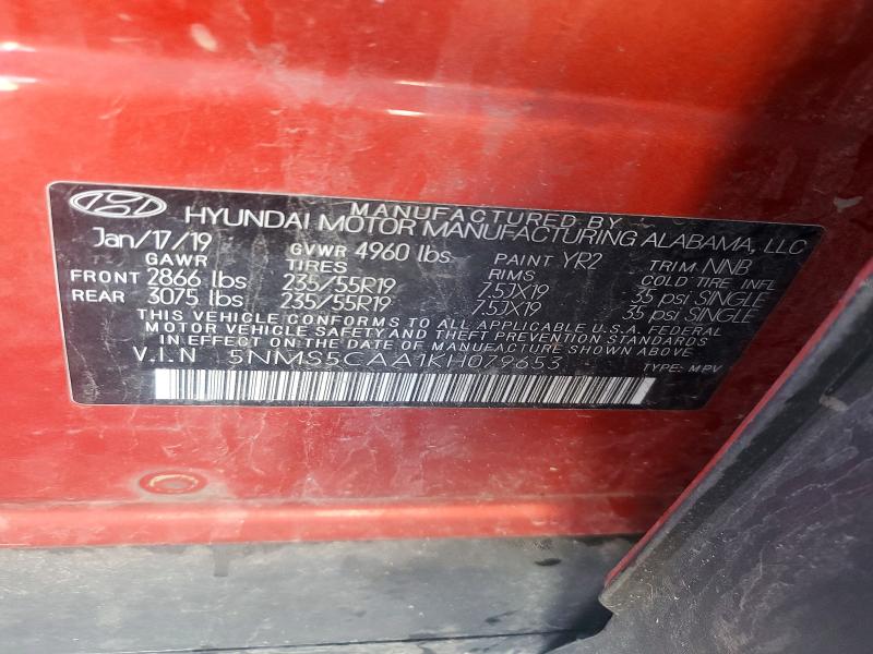2019 Hyundai Santa Fe მანქანა იყიდება აუქციონზე, vin: 5NMS5CAA1KH079653, აუქციონის ნომერი: 49061676