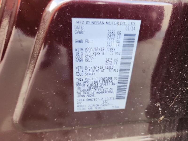 51187746 :رقم المزاد ، 5N1AL0MN3EC521135 vin ، 2014 Infiniti Qx60 مزاد بيع