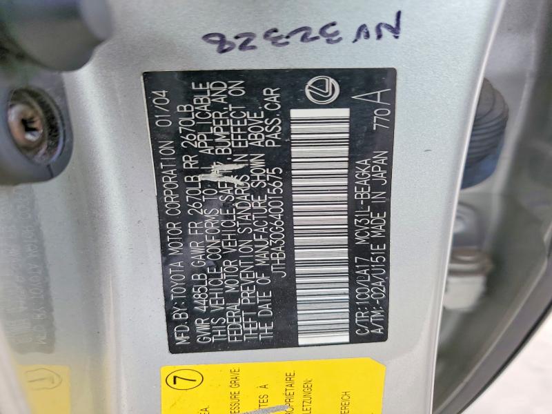 Aukcja sprzedaży 2004 Lexus Es, vin: JTHBA30G640015675, numer aukcji: 50097156