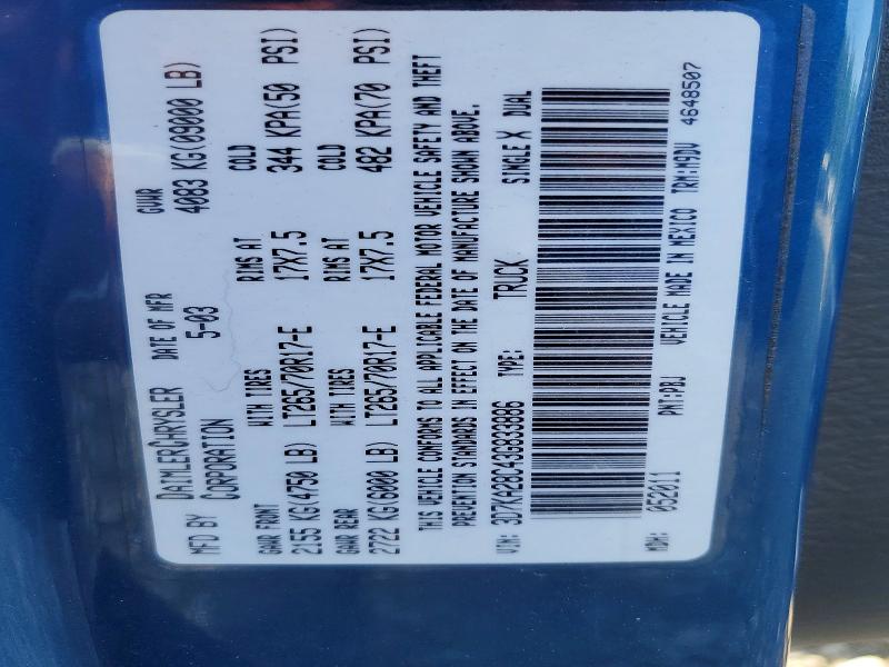46406326 :رقم المزاد ، 3D7KA28C43G833886 vin ، 2003 Dodge Ram 2500 مزاد بيع