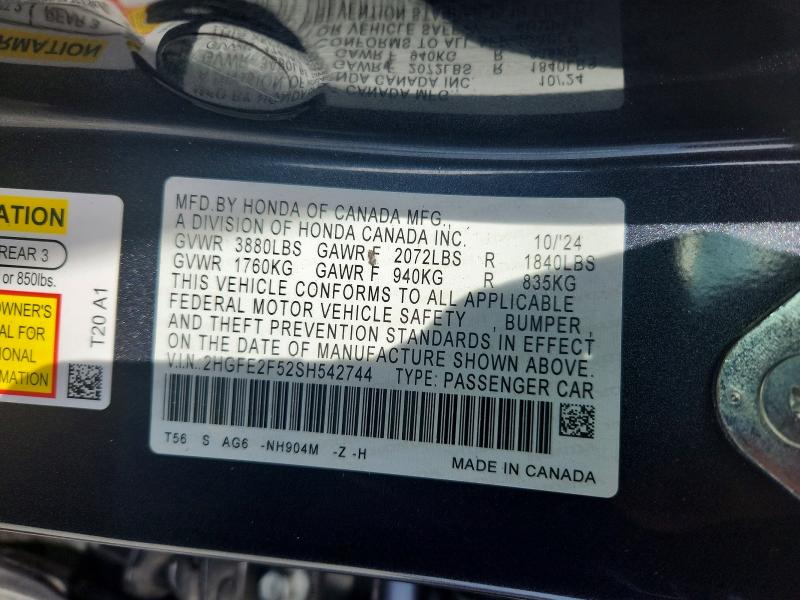 Продаж на аукціоні авто 2025 Honda Civic, vin: 2HGFE2F52SH542744, номер лоту: 50137656