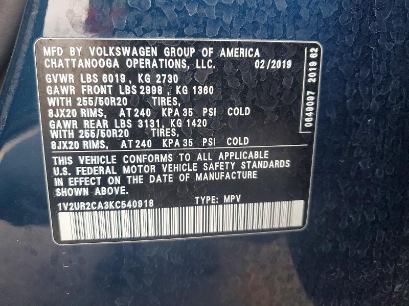 Aukcja sprzedaży 2019 Volkswagen Atlas, vin: 1V2UR2CA3KC540918, numer aukcji: 51500766