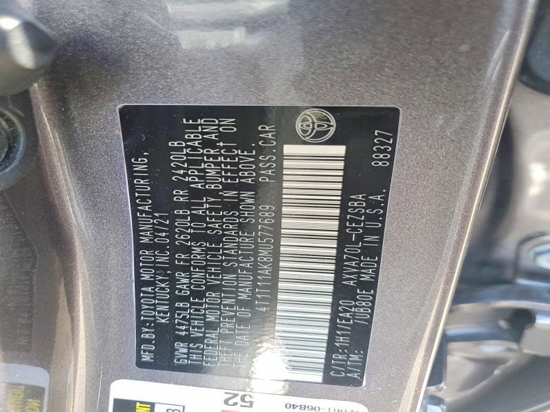 Продаж на аукціоні авто 2021 Toyota Camry, vin: 4T1T11AK8MU577689, номер лоту: 49769776