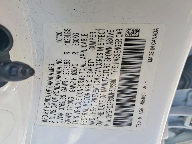 2021 Honda Civic მანქანა იყიდება აუქციონზე, vin: 2HGFC2F80MH508580, აუქციონის ნომერი: 49814476
