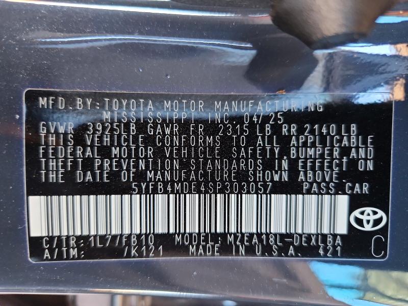 Продаж на аукціоні авто 2025 Toyota Corolla, vin: 5YFB4MDE4SP303057, номер лоту: 49965406