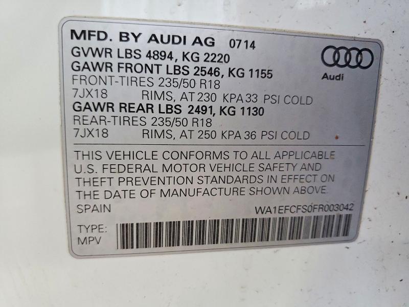 49438236 :رقم المزاد ، WA1EFCFS0FR003042 vin ، 2015 Audi Q3 مزاد بيع