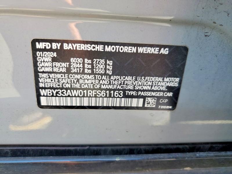 51186756 :رقم المزاد ، WBY33AW01RFS61163 vin ، 2024 Bmw I4 مزاد بيع