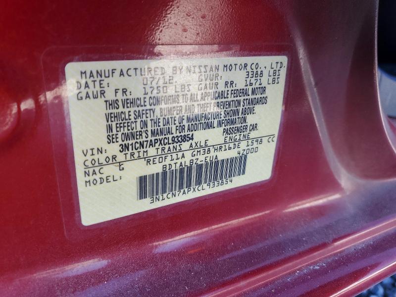 Продаж на аукціоні авто 2012 Nissan Versa, vin: 3N1CN7APXCL933854, номер лоту: 50920656