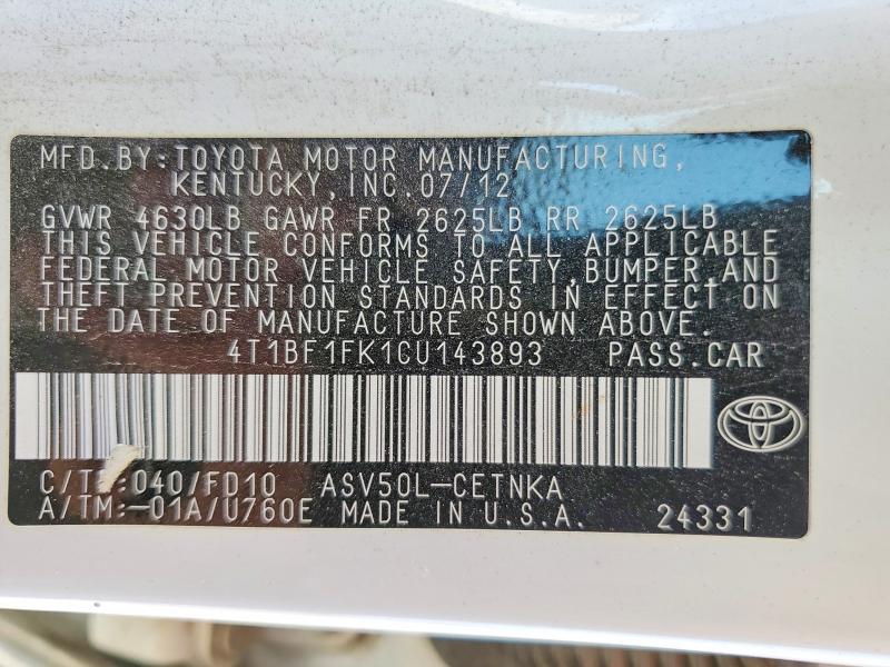 Продажа на аукционе авто 2012 Toyota Camry, vin: 4T1BF1FK1CU143893, номер лота: 50324956