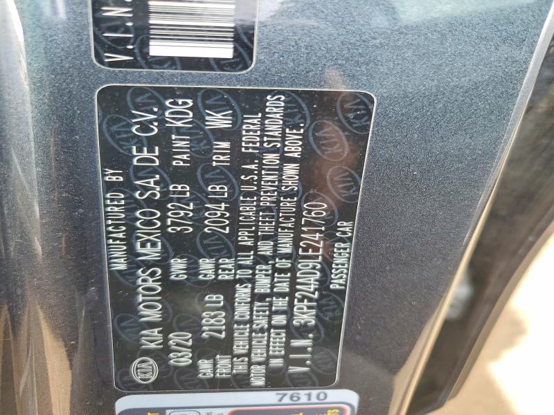 51620656 :رقم المزاد ، 3KPF24AD9LE241760 vin ، 2020 Kia Forte مزاد بيع