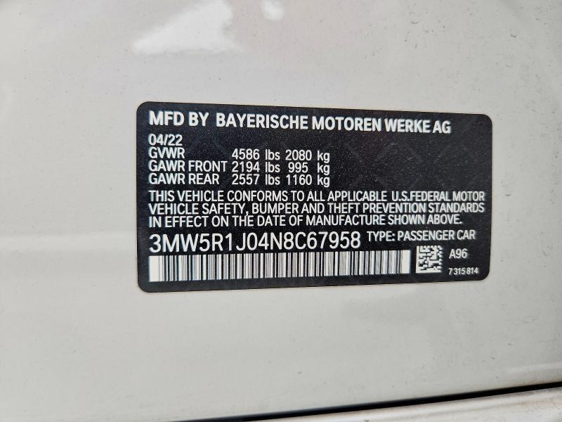 Продажа на аукционе авто 2022 Bmw 330i, vin: 3MW5R1J04N8C67958, номер лота: 50475906
