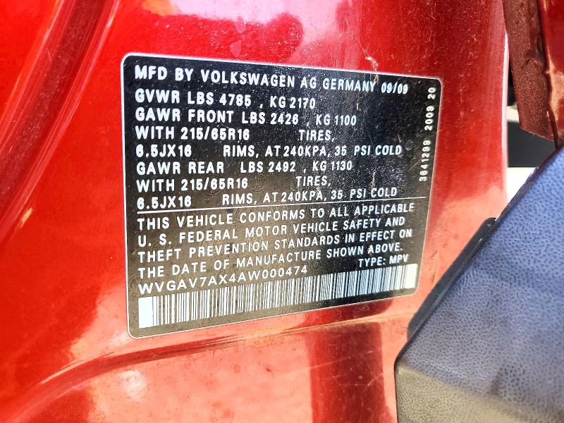 Aukcja sprzedaży 2010 Volkswagen Tiguan, vin: WVGAV7AX4AW000474, numer aukcji: 51284426