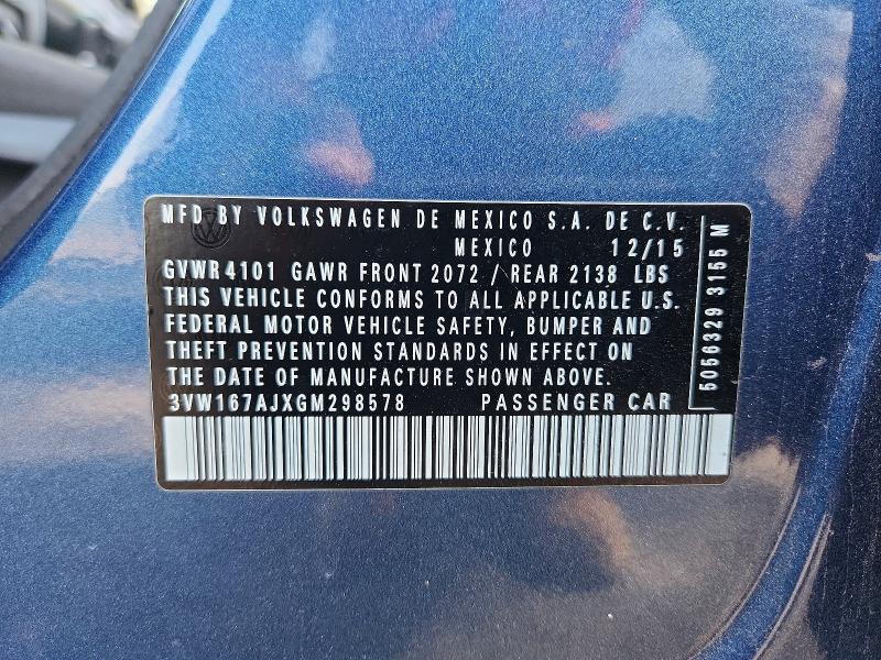 2016 Volkswagen Jetta მანქანა იყიდება აუქციონზე, vin: 3VW167AJXGM298578, აუქციონის ნომერი: 50500476