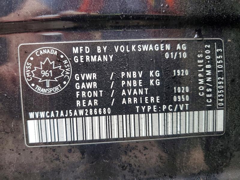 50017316 :رقم المزاد ، WVWCA7AJ5AW286680 vin ، 2010 Volkswagen Golf مزاد بيع