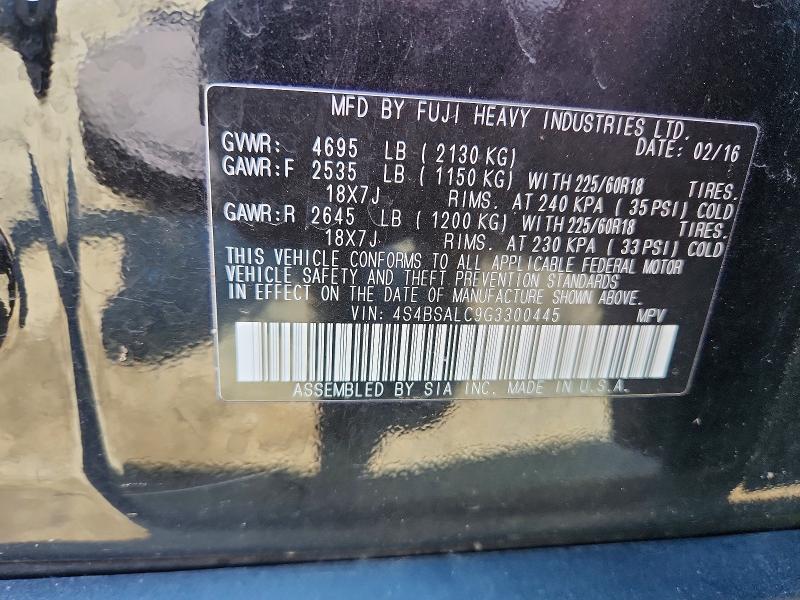 50719856 :رقم المزاد ، 4S4BSALC9G3300445 vin ، 2016 Subaru Outback مزاد بيع