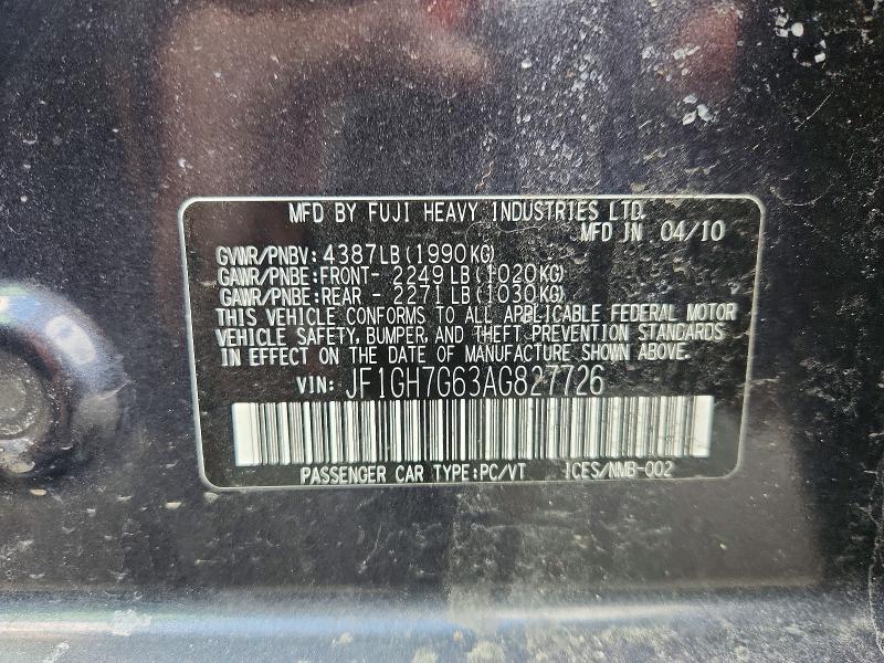 Aukcja sprzedaży 2010 Subaru Impreza, vin: JF1GH7G63AG827726, numer aukcji: 48304676