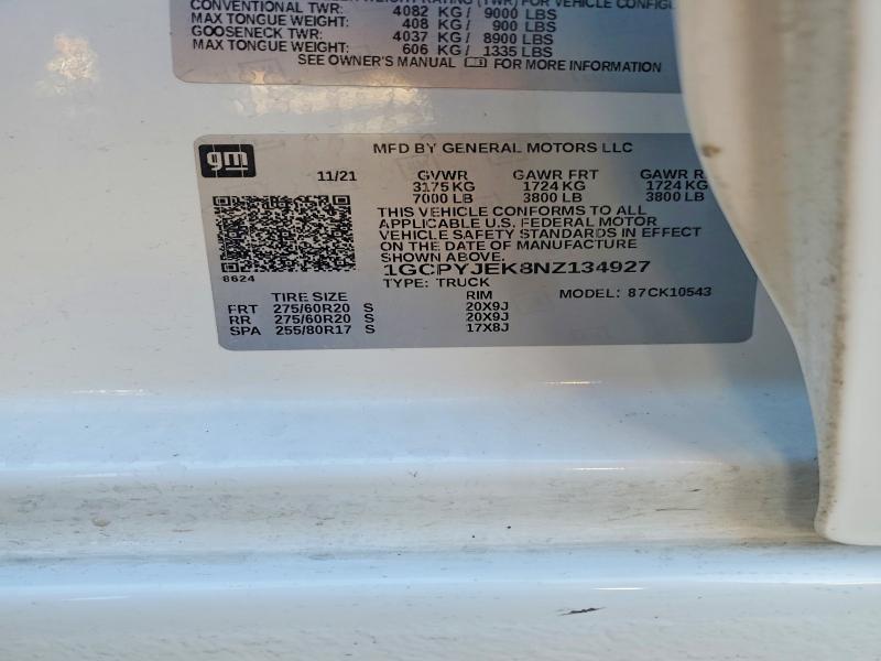 2022 Chevrolet Silverado Ltd მანქანა იყიდება აუქციონზე, vin: 1GCPYJEK8NZ134927, აუქციონის ნომერი: 49834196