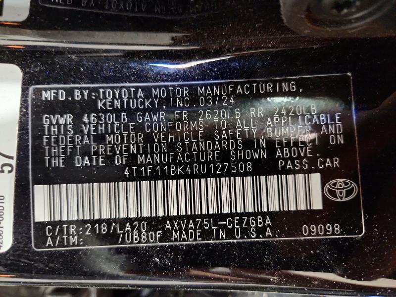 2024 Toyota Camry მანქანა იყიდება აუქციონზე, vin: 4T1F11BK4RU127508, აუქციონის ნომერი: 50530126