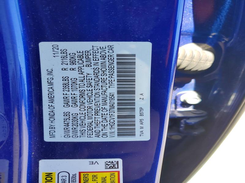 49063876 :رقم المزاد ، 1HGCV1F37MA019541 vin ، 2021 Honda Accord مزاد بيع