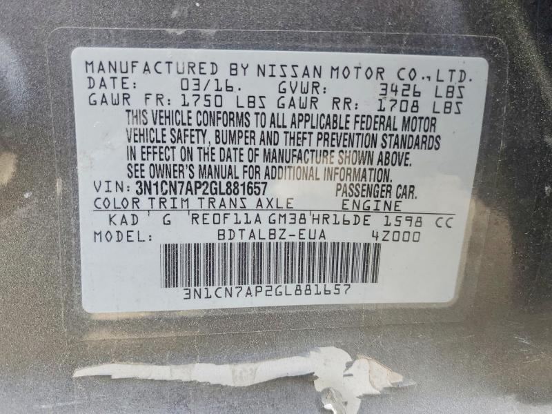 2016 Nissan Versa მანქანა იყიდება აუქციონზე, vin: 3N1CN7AP2GL881657, აუქციონის ნომერი: 48802796