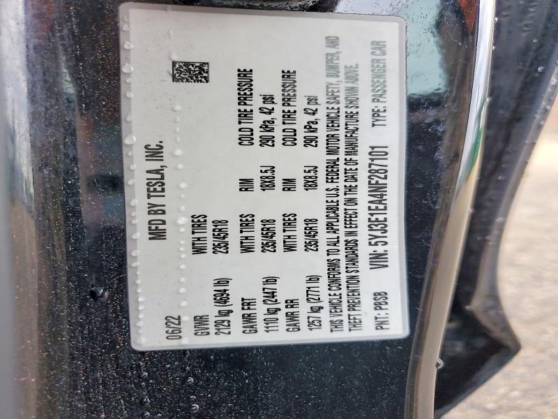 2022 Tesla Model 3 მანქანა იყიდება აუქციონზე, vin: 5YJ3E1EA4NF287101, აუქციონის ნომერი: 51123326