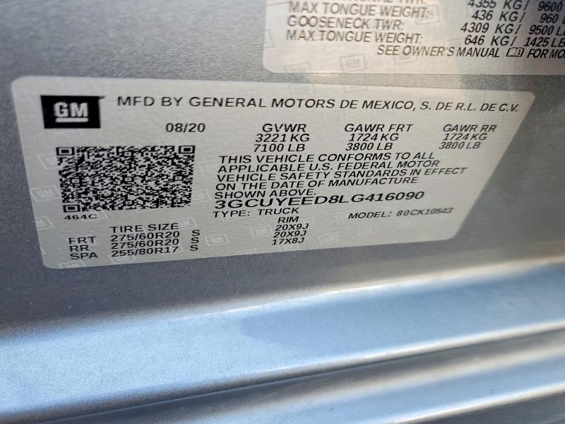 Aukcja sprzedaży 2020 Chevrolet Silverado, vin: 3GCUYEED8LG416090, numer aukcji: 51110726