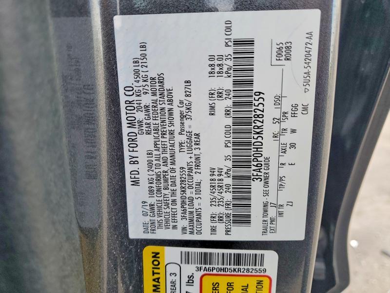 Продажа на аукционе авто 2019 Ford Fusion, vin: 3FA6P0HD5KR282559, номер лота: 49157096