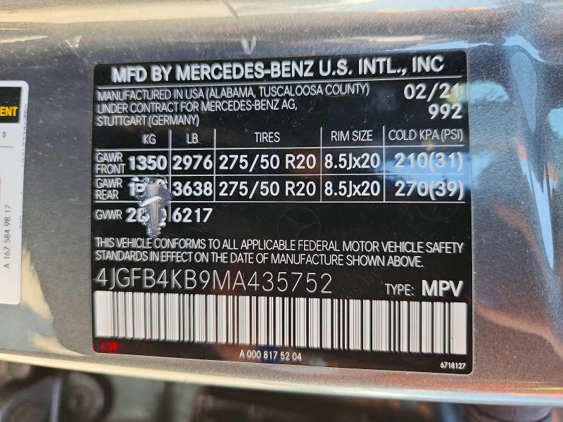 50596526 :رقم المزاد ، 4JGFB4KB9MA435752 vin ، 2021 Mercedes-benz Gle مزاد بيع