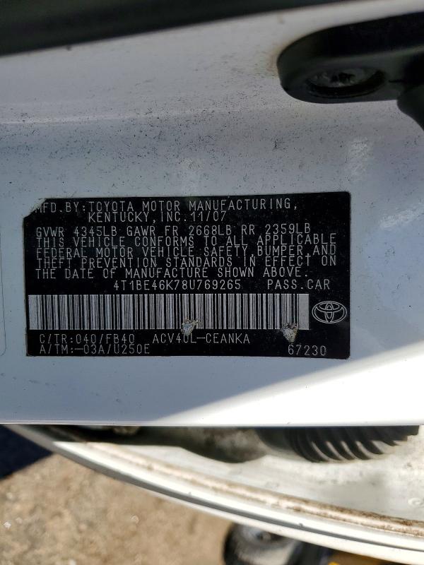 49366906 :رقم المزاد ، 4T1BE46K78U769265 vin ، 2008 Toyota Camry مزاد بيع