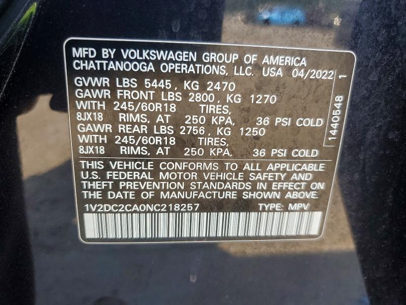 Продаж на аукціоні авто 2022 Volkswagen Atlas Cross Sport, vin: 1V2DC2CA0NC218257, номер лоту: 51264216