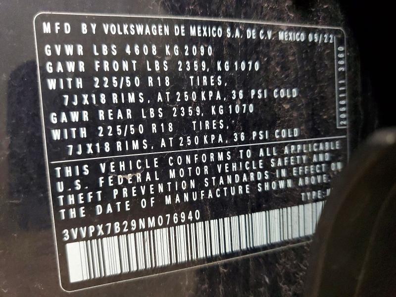 2022 Volkswagen Taos მანქანა იყიდება აუქციონზე, vin: 3VVPX7B29NM076940, აუქციონის ნომერი: 50305806