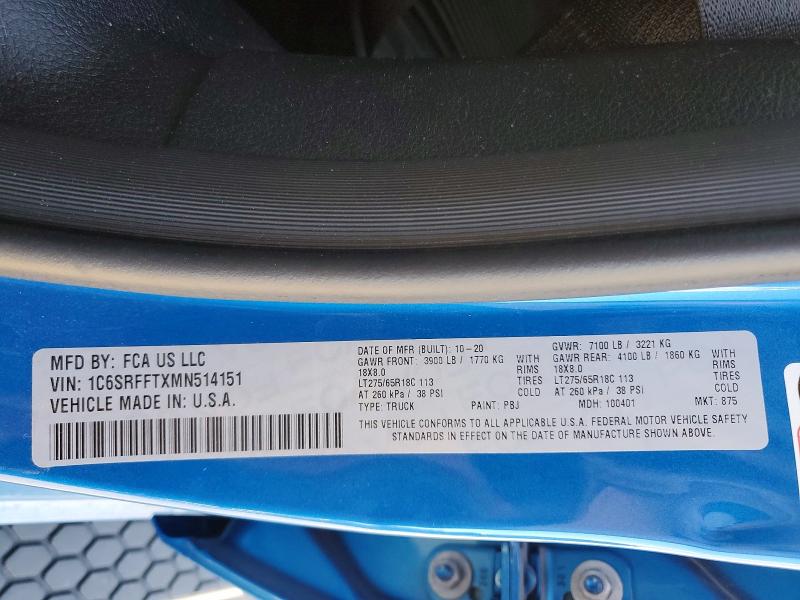 2021 Ram 1500 მანქანა იყიდება აუქციონზე, vin: 1C6SRFFTXMN514151, აუქციონის ნომერი: 48813746