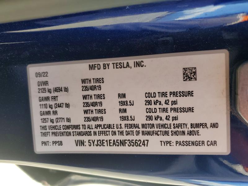 49773426 :رقم المزاد ، 5YJ3E1EA5NF356247 vin ، 2022 Tesla Model 3 مزاد بيع