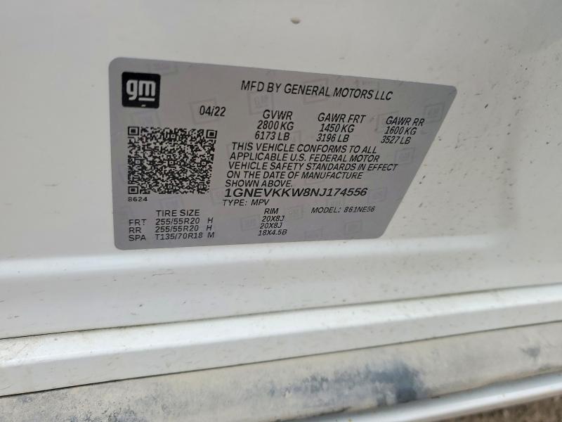 2022 Chevrolet Traverse მანქანა იყიდება აუქციონზე, vin: 1GNEVKKW8NJ174556, აუქციონის ნომერი: 50909346