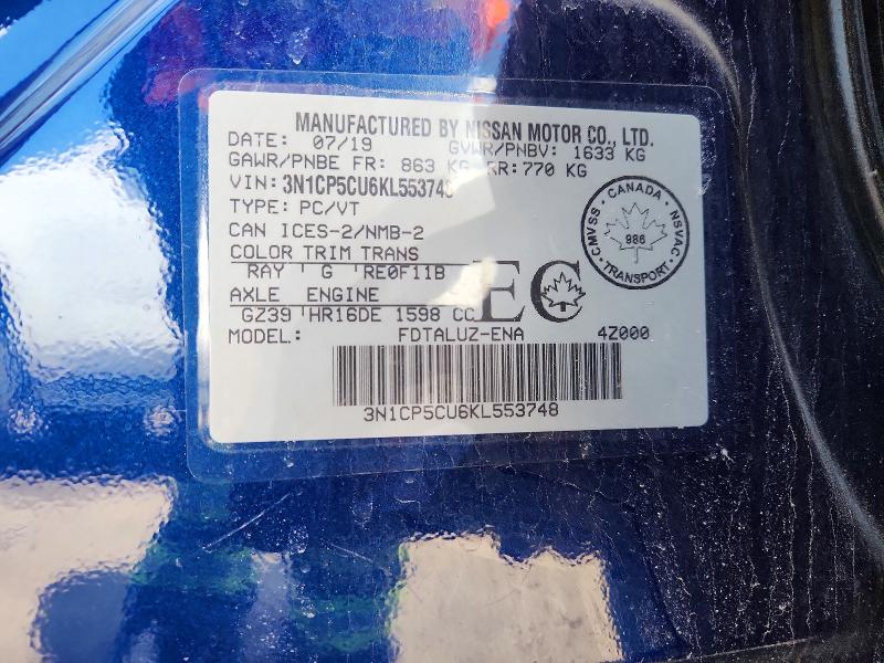 50785446 :رقم المزاد ، 3N1CP5CU6KL553748 vin ، 2019 Nissan Kicks مزاد بيع