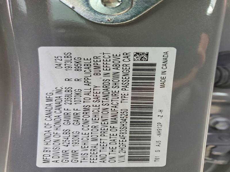 51721186 :رقم المزاد ، 2HGFE4F83SH345250 vin ، 2025 Honda Civic مزاد بيع