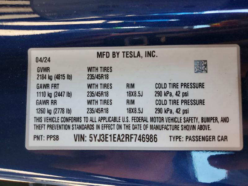 Aukcja sprzedaży 2024 Tesla Model 3, vin: 5YJ3E1EA2RF746986, numer aukcji: 49466066