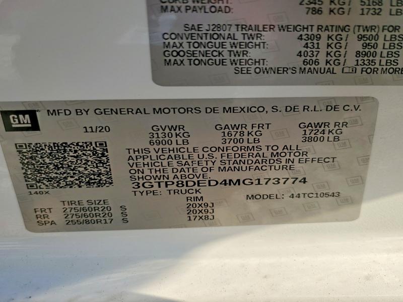 Aukcja sprzedaży 2021 Gmc Sierra, vin: 3GTP8DED4MG173774, numer aukcji: 50054596
