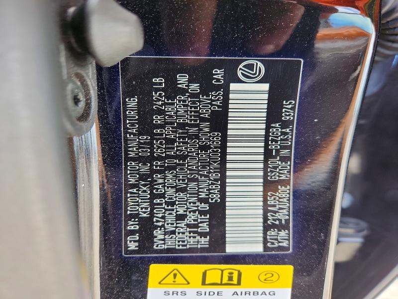 Продаж на аукціоні авто 2019 Lexus Es 350, vin: 58ABZ1B11KU031669, номер лоту: 50780356
