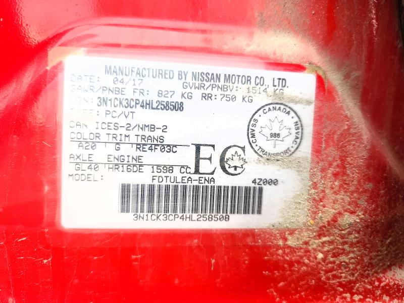 51756436 :رقم المزاد ، 3N1CK3CP4HL258508 vin ، 2017 Niss Micra مزاد بيع