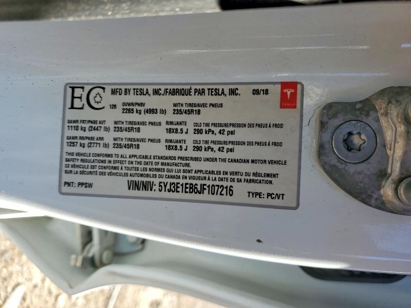 47775596 :رقم المزاد ، 5YJ3E1EB6JF107216 vin ، 2018 Tesla Model 3 مزاد بيع