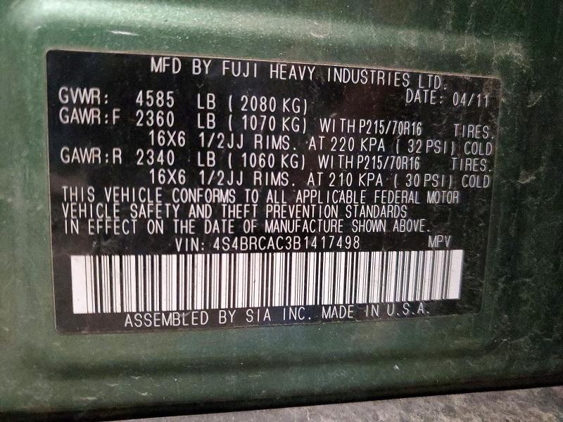 50897396 :رقم المزاد ، 4S4BRCAC3B1417498 vin ، 2011 Subaru Outback مزاد بيع