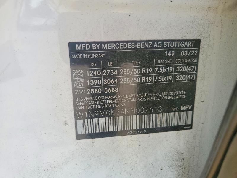 2022 Mercedes-benz Eqb მანქანა იყიდება აუქციონზე, vin: W1N9M0KB4NN007613, აუქციონის ნომერი: 50980766