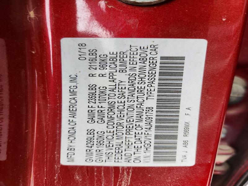 Aukcja sprzedaży 2018 Honda Accord, vin: 1HGCV1F14JA091758, numer aukcji: 51661396
