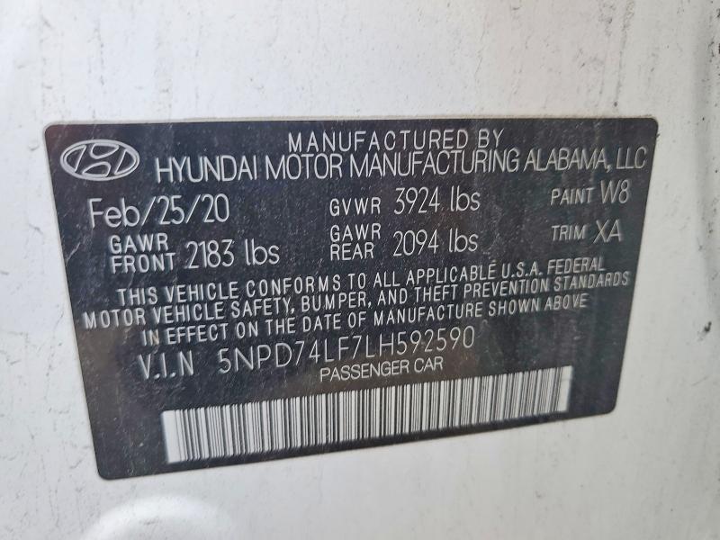 48106666 :رقم المزاد ، 5NPD74LF7LH592590 vin ، 2020 Hyundai Elantra مزاد بيع