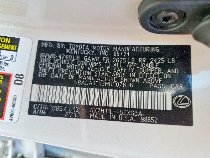 Aukcja sprzedaży 2021 Lexus Es 300h, vin: 58ADA1C13MU007696, numer aukcji: 50152576