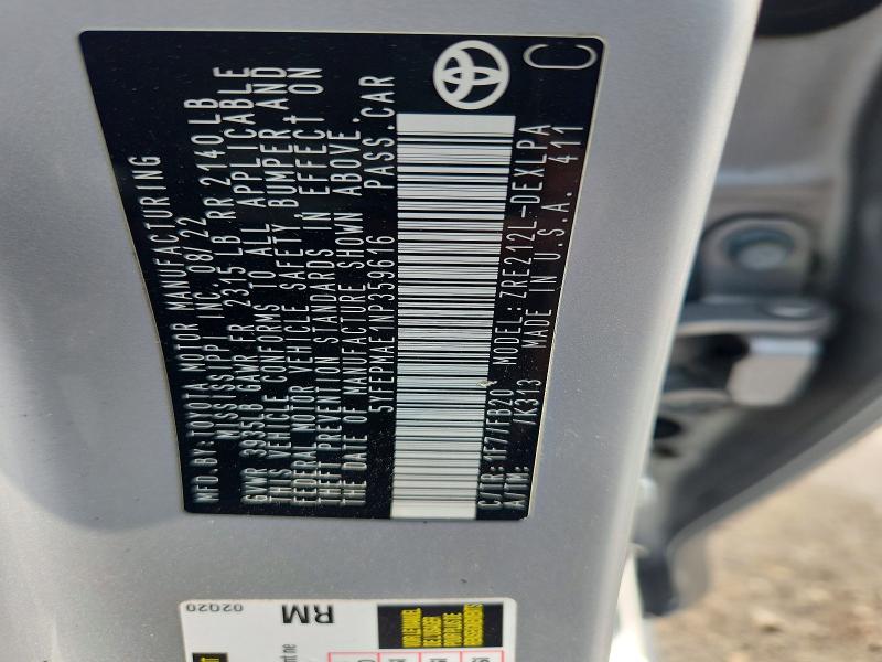 Продаж на аукціоні авто 2022 Toyota Corolla, vin: 5YFEPMAE1NP359616, номер лоту: 51603026
