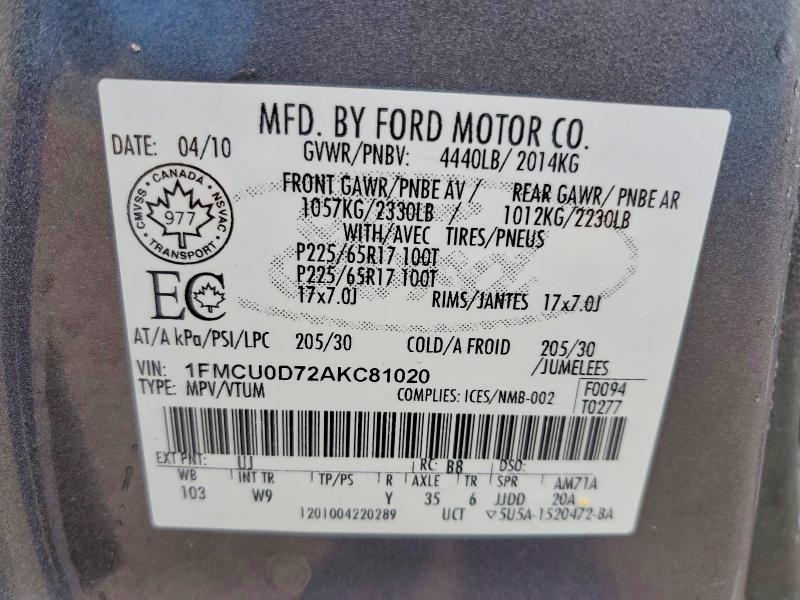 Продаж на аукціоні авто 2010 Ford Escape, vin: 1FMCU0D72AKC81020, номер лоту: 49270486