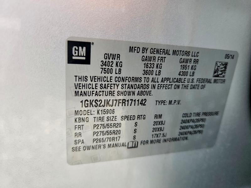 48876766 :رقم المزاد ، 1GKS2JKJ7FR171142 vin ، 2015 Gmc Yukon Xl مزاد بيع